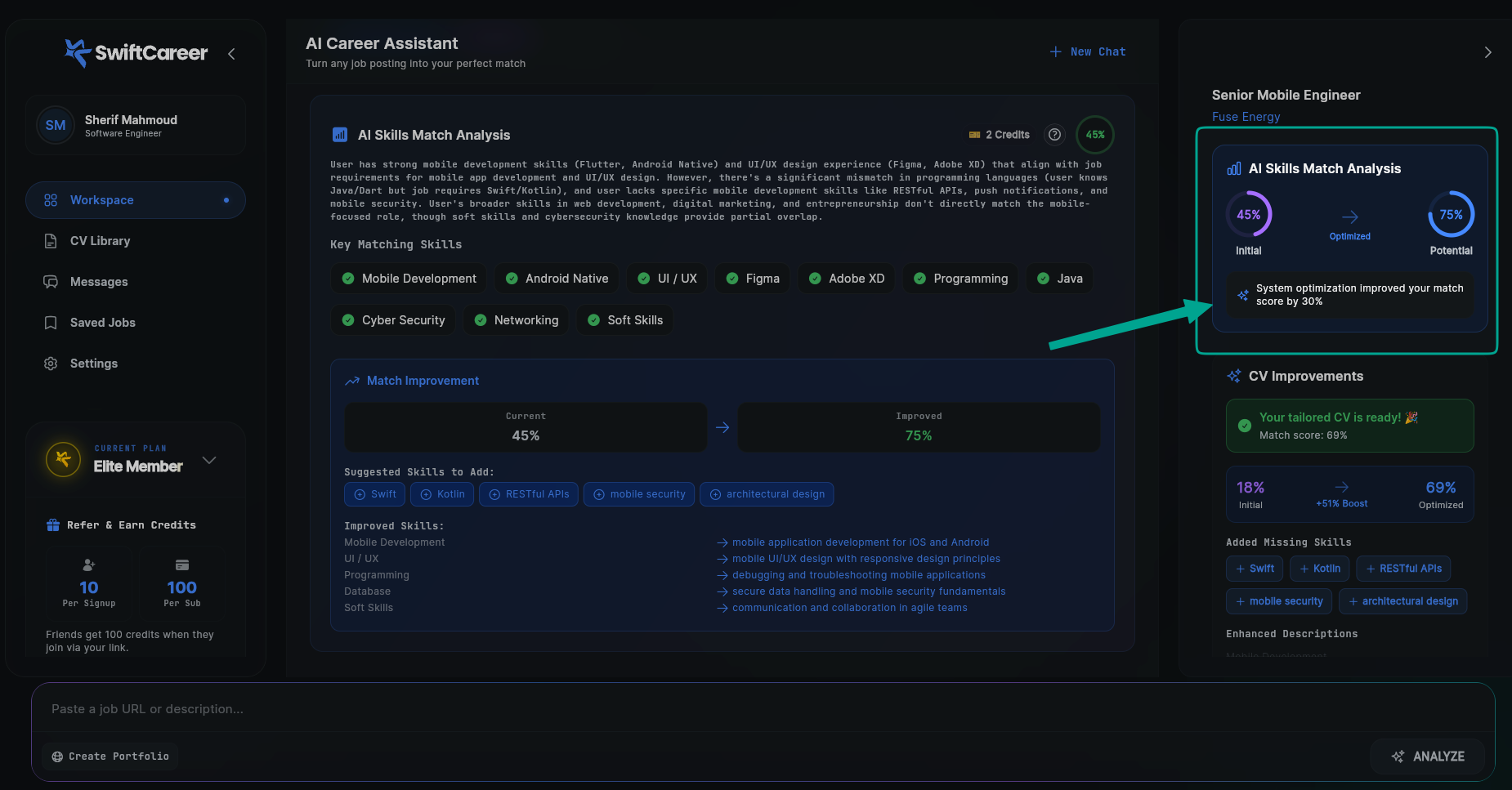 SwiftCareer AI Skills Match Analysis Summary - Right Sidebar