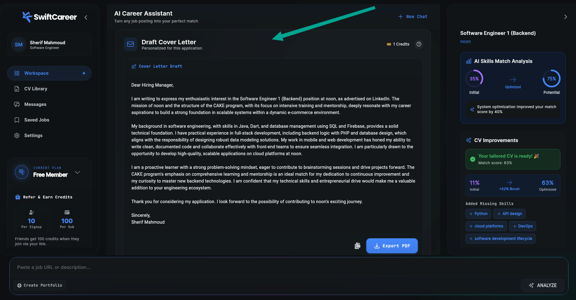 SwiftCareer Cover Letter Draft