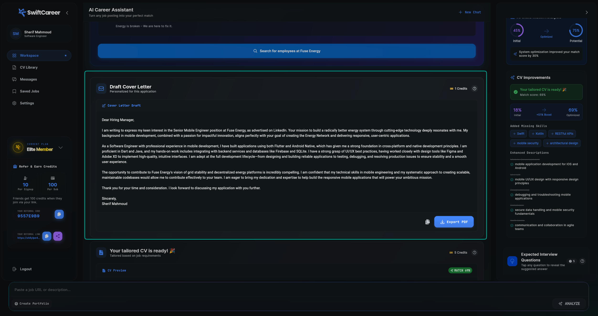 SwiftCareer Cover Letter Message