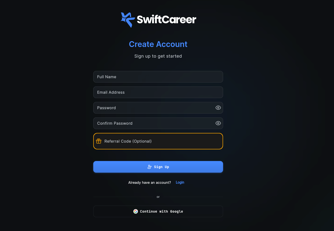 SwiftCareer Create Account screen