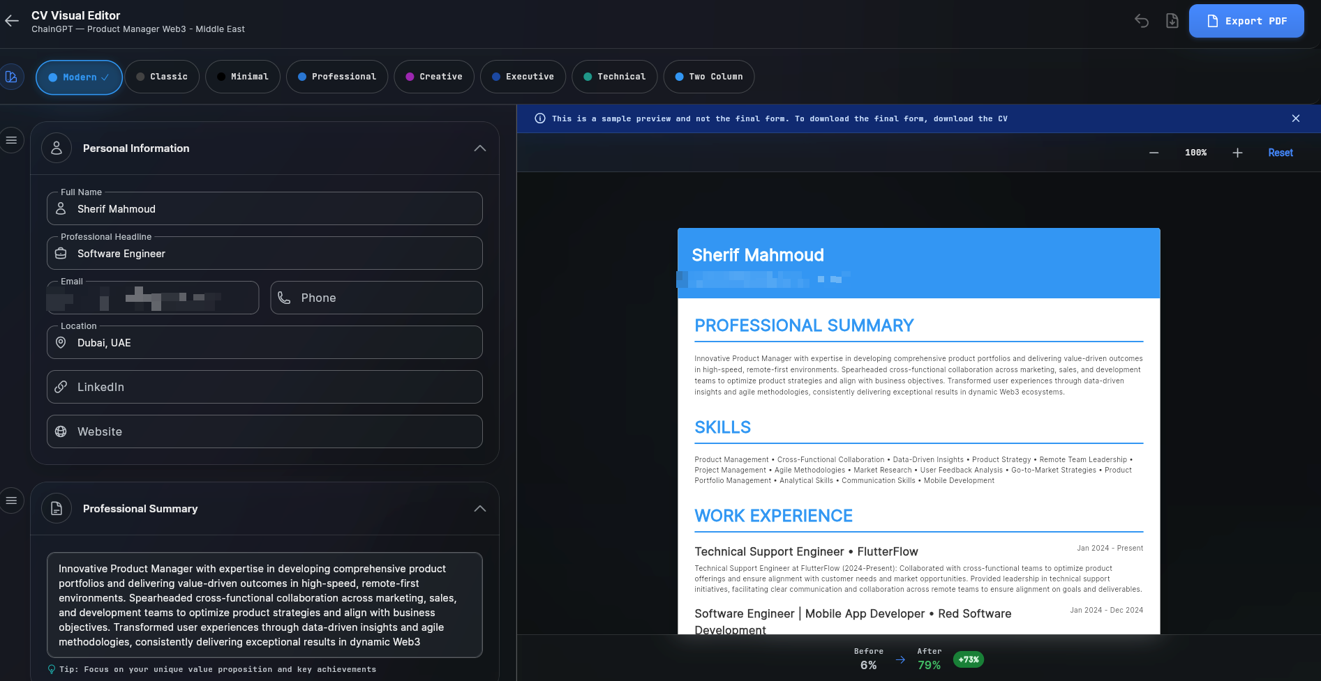 SwiftCareer CV Visual Editor