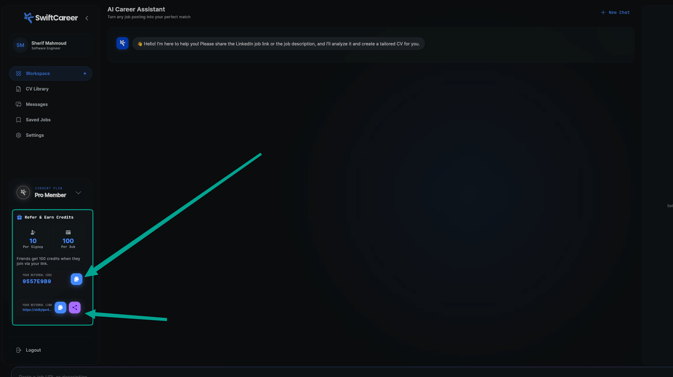 SwiftCareer Cover Letter Message