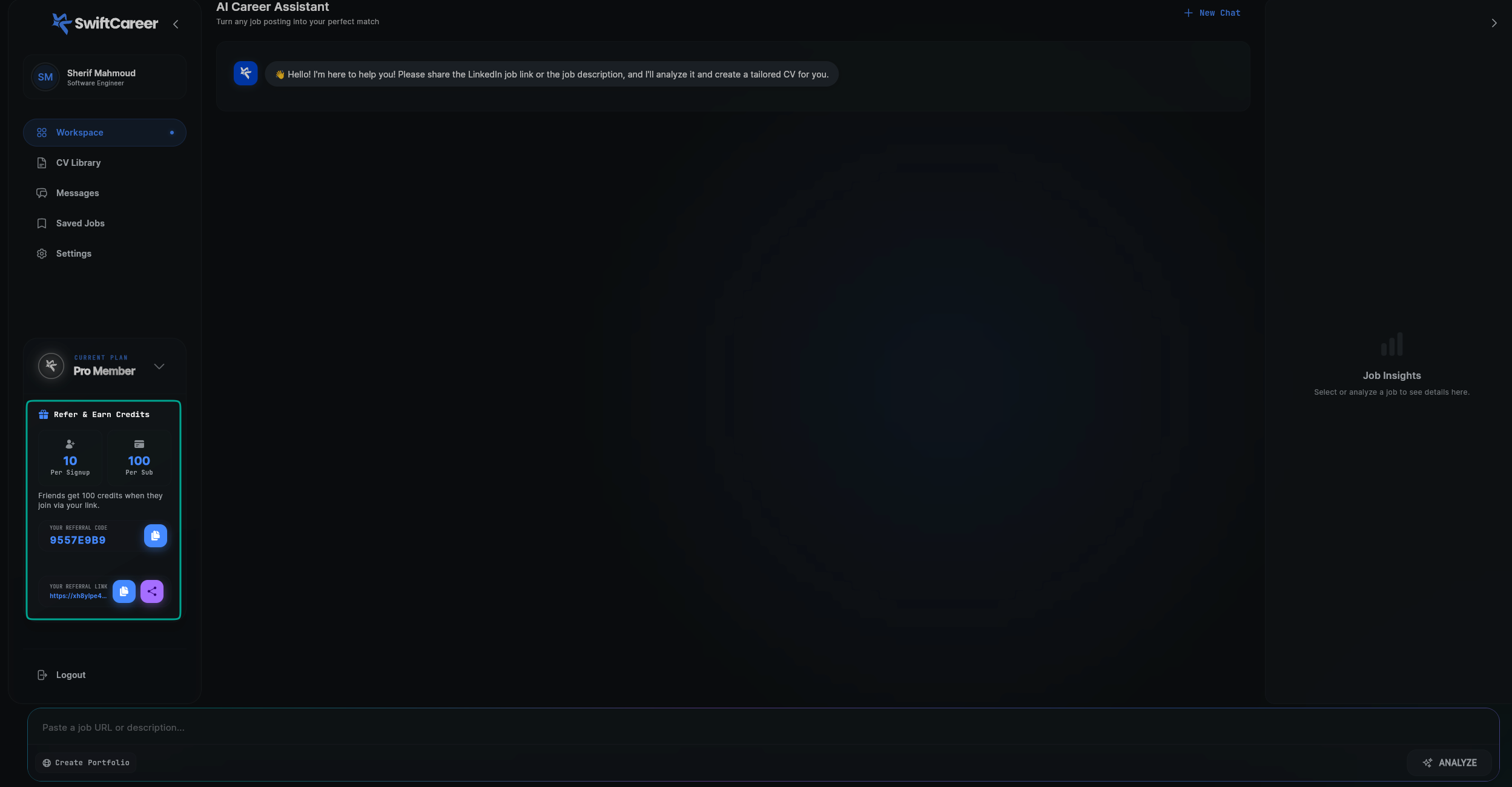 SwiftCareer Cover Letter Message