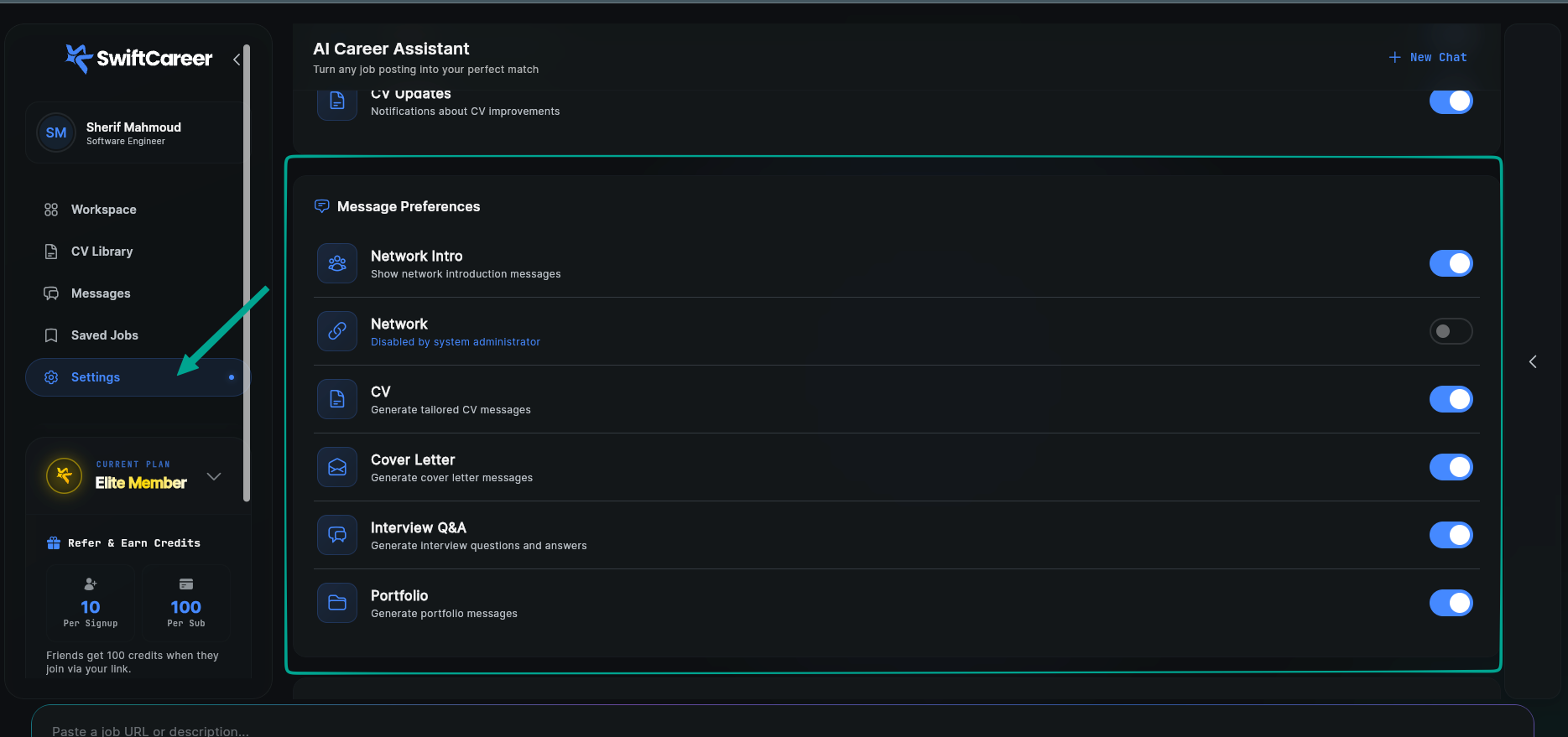 SwiftCareer Settings - Message Preferences