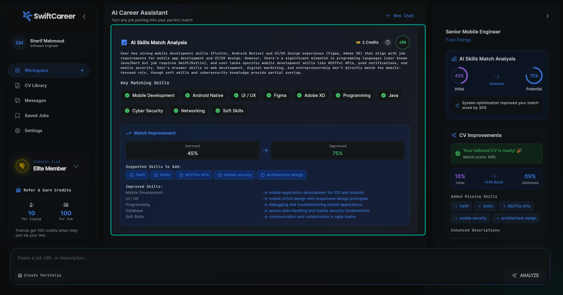 SwiftCareer Skills Match Analysis Message