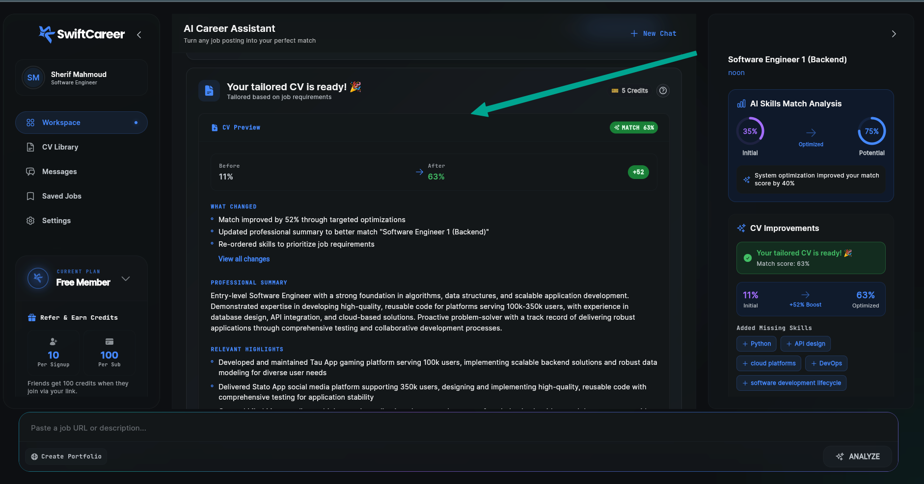 SwiftCareer Tailored CV Result - Match Analysis